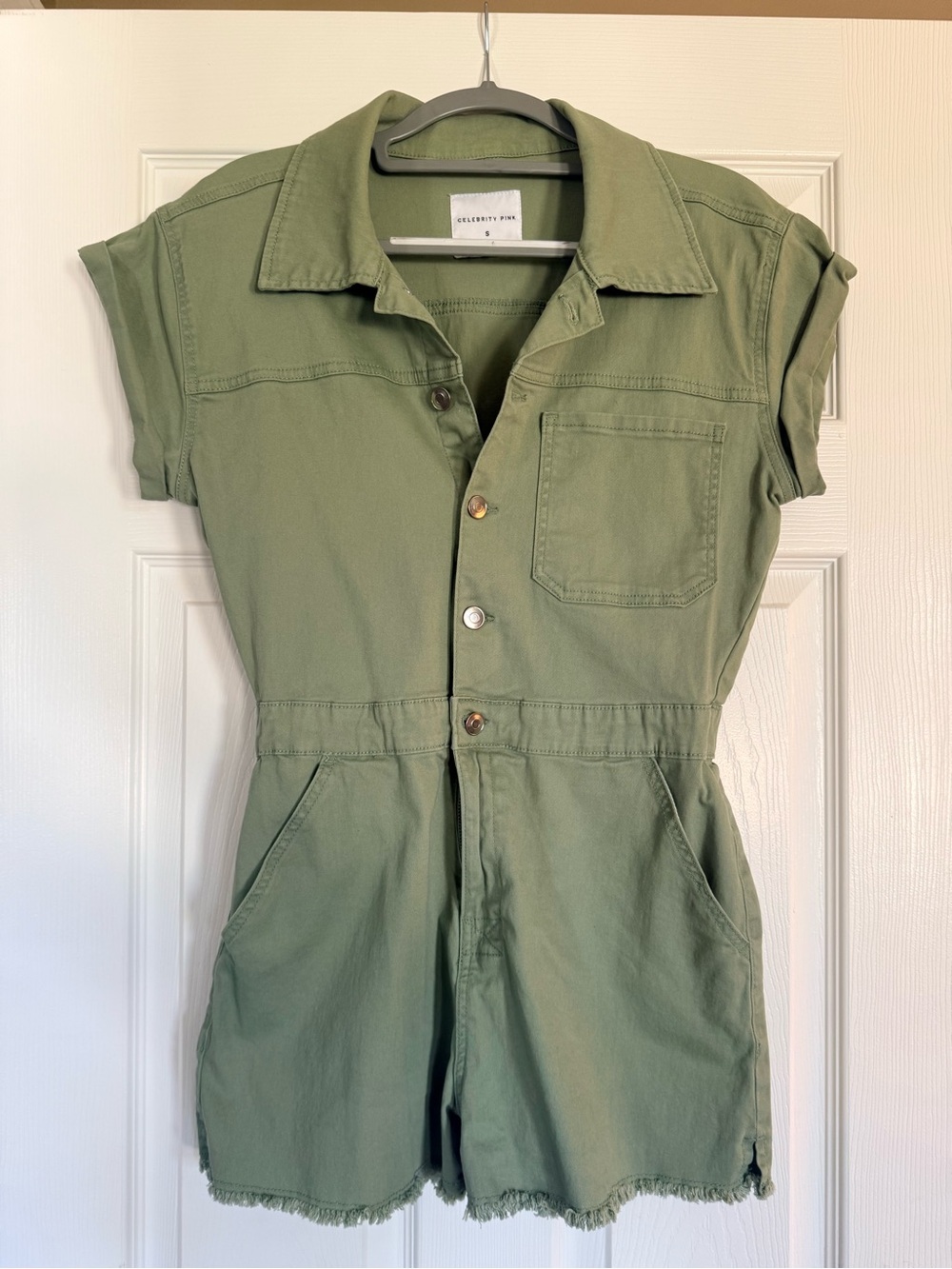 Olive Green Short-Sleeve Canvas Romper